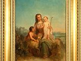 an oil painting of two women and a child in a landscape