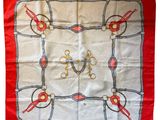 red and white square scarf with a design of birds on it