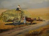 a painting of a man sitting on top of a hay bale
