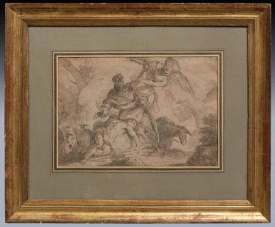 an image of a drawing of a man on a horse in a wooded area