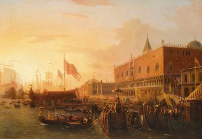 tableau représentant une vue d'un canal avec des bateaux et des personnes