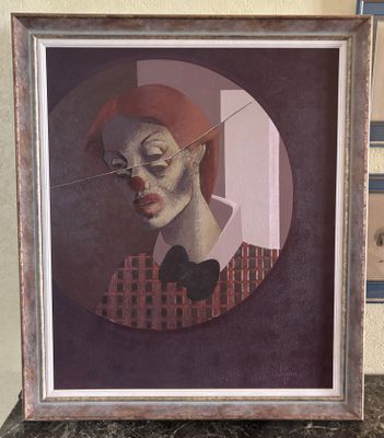 painting of a woman with a red hat and bow tie in a frame
