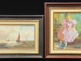 deux tableaux représentant une fillette en robe rose et un voilier