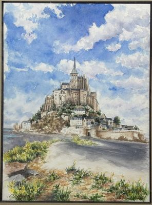 a painting of a painting of a castle on top of a hill