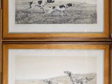 two framed pictures of dogs running in a field with a sky background