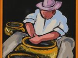 a painting of a man working on a pottery wheel