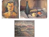 trois tableaux représentant un homme avec une bouteille de vin et une corbeille d'oranges