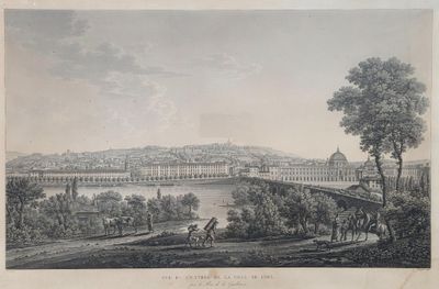 un vieux dessin représentant une vue d'une ville avec un pont enjambant une rivière