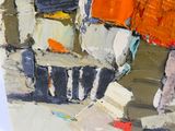 a painting of an orange and black chair in the corner of a room