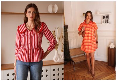 deux photos d'une femme portant une robe-chemise rouge et blanche