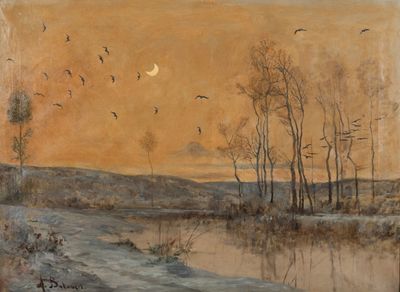 une image représentant un tableau où l'on voit des oiseaux volant au-dessus d'un plan d'eau
