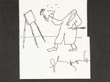 drawing of a man painting on a canvas with a dog nearby