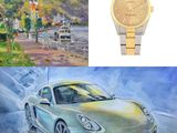 une photo d'un tableau représentant une voiture et une montre