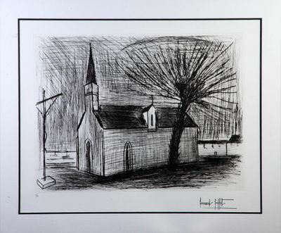 dessin au crayon représentant une église avec un arbre devant