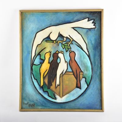 tableau représentant trois chats et une colombe dans une boîte, tenant une plante dans son bec