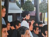 tableau représentant une foule de personnes debout devant un bâtiment