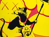 tableau représentant un chat avec une serpillière et un appareil photo sur un fond jaune et rose