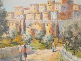 a painting of two people walking down a path