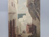 painting on easel of a street with a bird flying over it