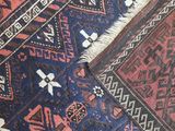 a close up of a blue and red rug with a pattern on it