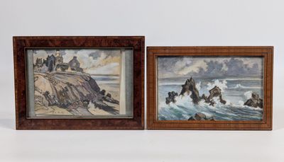deux tableaux encadrés représentant des rochers sur une plage, avec des vagues qui viennent s'écraser contre eux