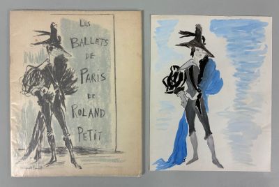 two drawings of a woman in a blue dress and a man in a black suit