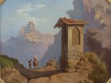 painting of two men riding horses on a rocky path in front of a castle