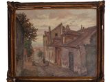 an old painting of a street scene with buildings and a horse