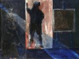 painting of a man standing in front of a mirror in a dark room