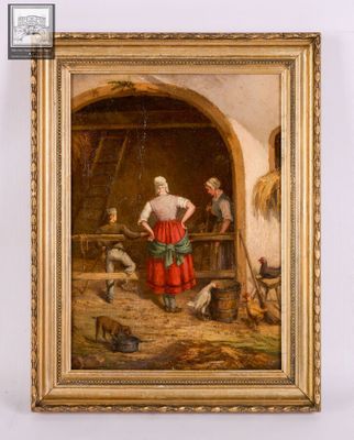 une peinture à l'huile représentant une femme dans une grange avec des poules et des poulets