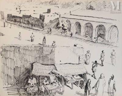 dessin représentant un groupe de personnes dans un village, avec un train en arrière-plan
