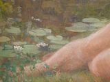 painting of a nude woman sitting in a field of water lillies