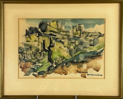 l'image d'un tableau représentant un paysage avec un château en arrière-plan