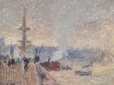 a painting of people on a bridge by the water