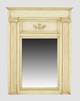 a white fireplace with a mirror above it on a gray background