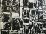 black and white abstract painting of a building with multiple windows