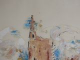 a painting of a building with a clock on top of it
