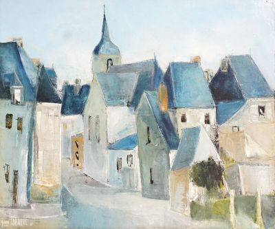 une peinture à l'huile représentant une ville aux toits bleus et dotée d'une tour horloge