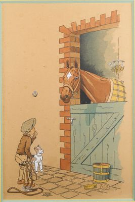 un dessin représentant un cheval regardant par la porte d'une écurie