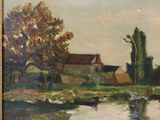 an image of a painting of a farm and a river