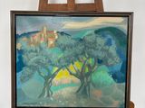 une peinture à l'huile représentant un paysage avec des arbres, posée sur un chevalet