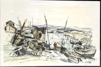 un dessin représentant un groupe de bateaux sur l'eau