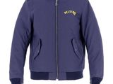 a blue jacket with a yellow logo on the front