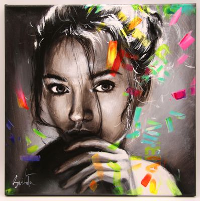 un tableau représentant une femme avec des fleurs dans les cheveux