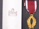 a gold medal and a red and white ribbon in a box