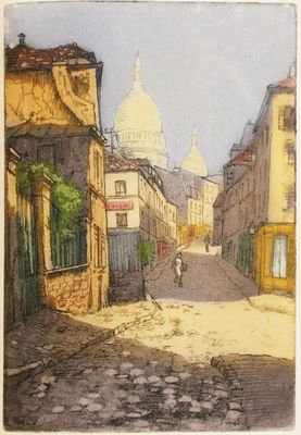 tableau représentant une rue d'une ville européenne avec une église en arrière-plan