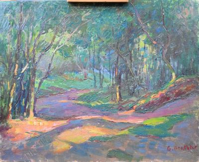 peinture au pastel représentant un sentier dans une forêt avec des arbres
