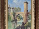an oil painting of a bridge over a river with a castle in the background