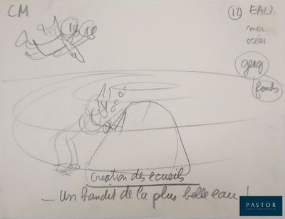 drawing of a man on a surfboard in the middle of a drawing
