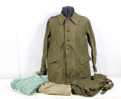 an image of a jacket, pants, and a shirt on a white surface